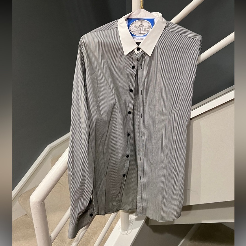 Zara Man Super Slim Fit Striped Dress Shirt – White Collar, Black Stripes – Size